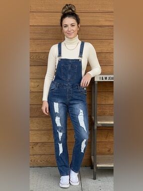 I & M Jeans Distressed Denim Overalls High Rise Ripped Size L